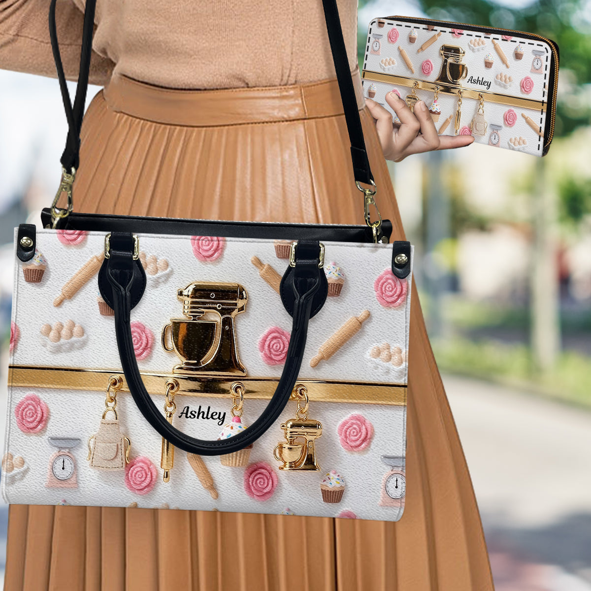 Charmes de pâtisserie - Sac à main en cuir personnalisé et portefeuille long en cuir