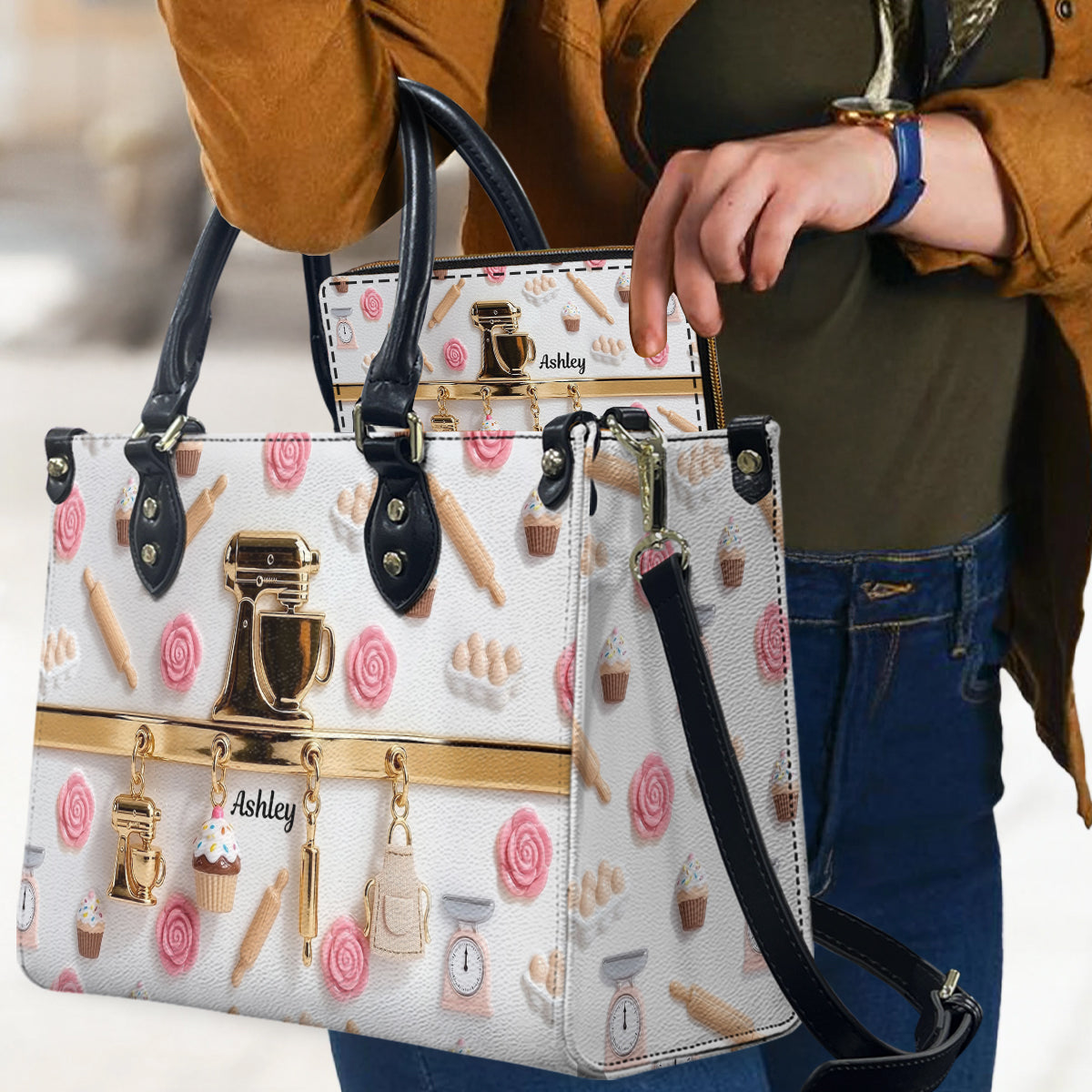 Charmes de pâtisserie - Sac à main en cuir personnalisé et portefeuille long en cuir