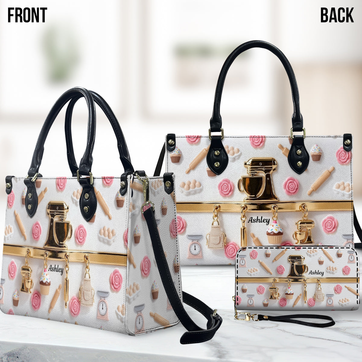 Charmes de pâtisserie - Sac à main en cuir personnalisé et portefeuille long en cuir