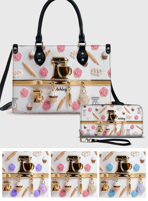 Charmes de pâtisserie - Sac à main en cuir personnalisé et portefeuille long en cuir