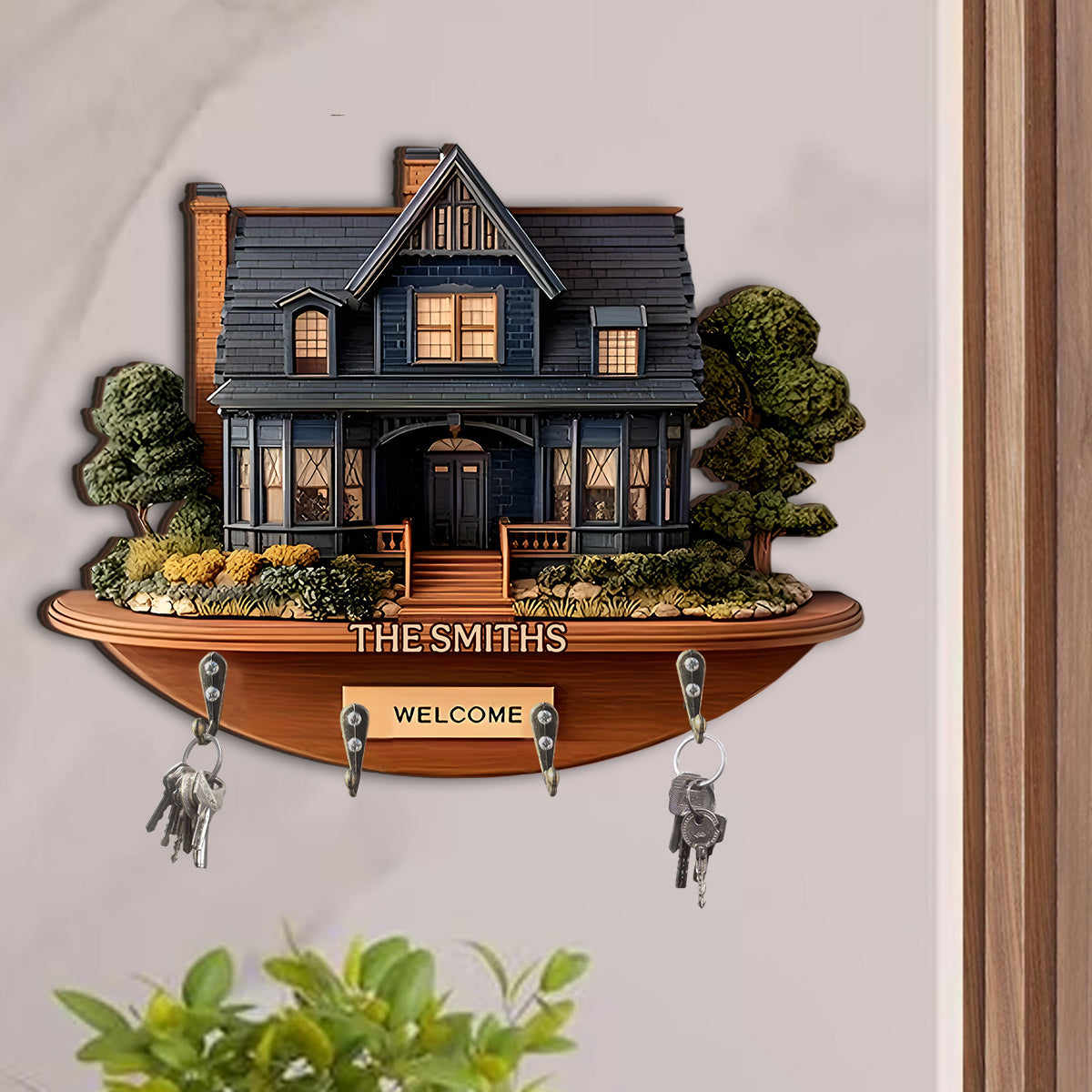 Bienvenue à la maison ! Porte-clés familial personnalisé aux formes uniques.