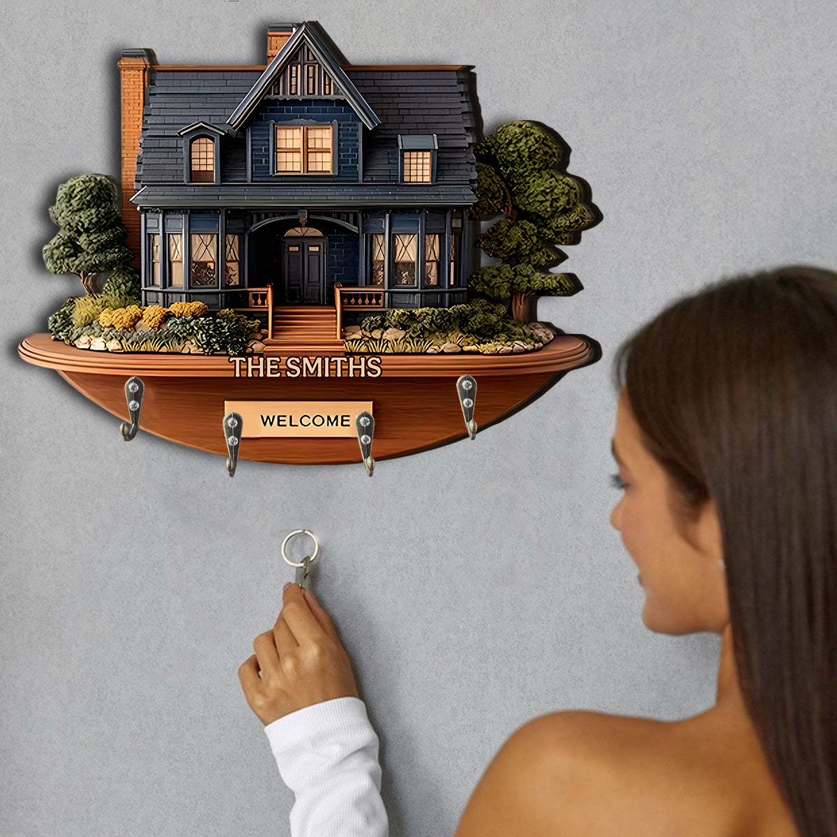 Bienvenue à la maison ! Porte-clés familial personnalisé aux formes uniques.