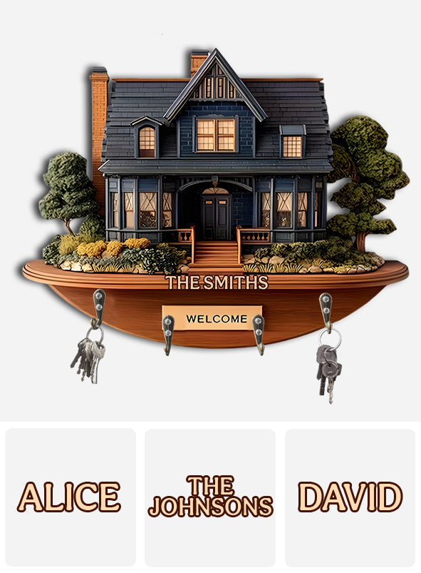 Bienvenue à la maison ! Porte-clés familial personnalisé aux formes uniques.