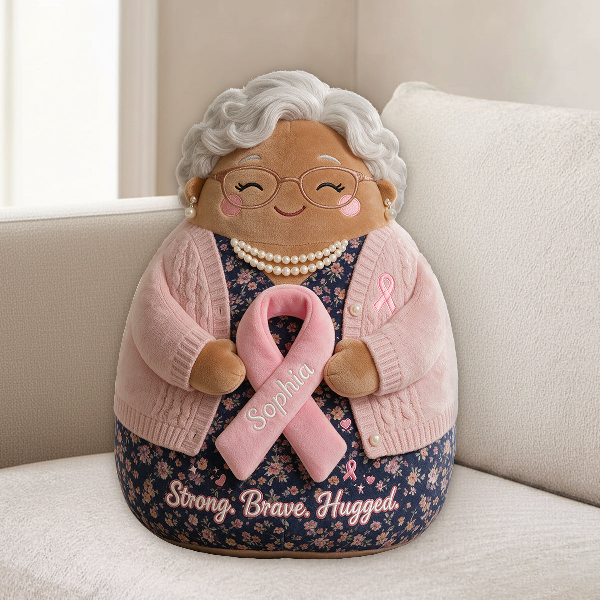 Strong Brave Hugged - Personalized Breast Cancer Awareness Premium Faux Fur Pillow