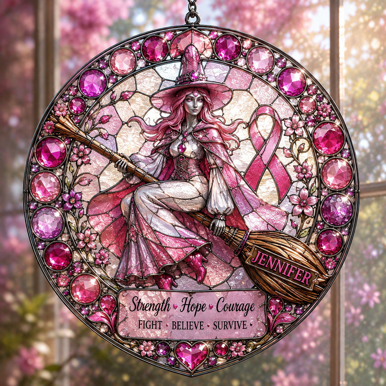 Strength Hope Love - Personalized Breast Cancer Awareness 3D Printed Glass Suncatcher