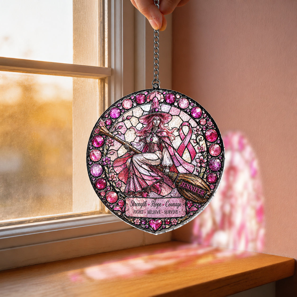 Strength Hope Love - Personalized Breast Cancer Awareness 3D Printed Glass Suncatcher