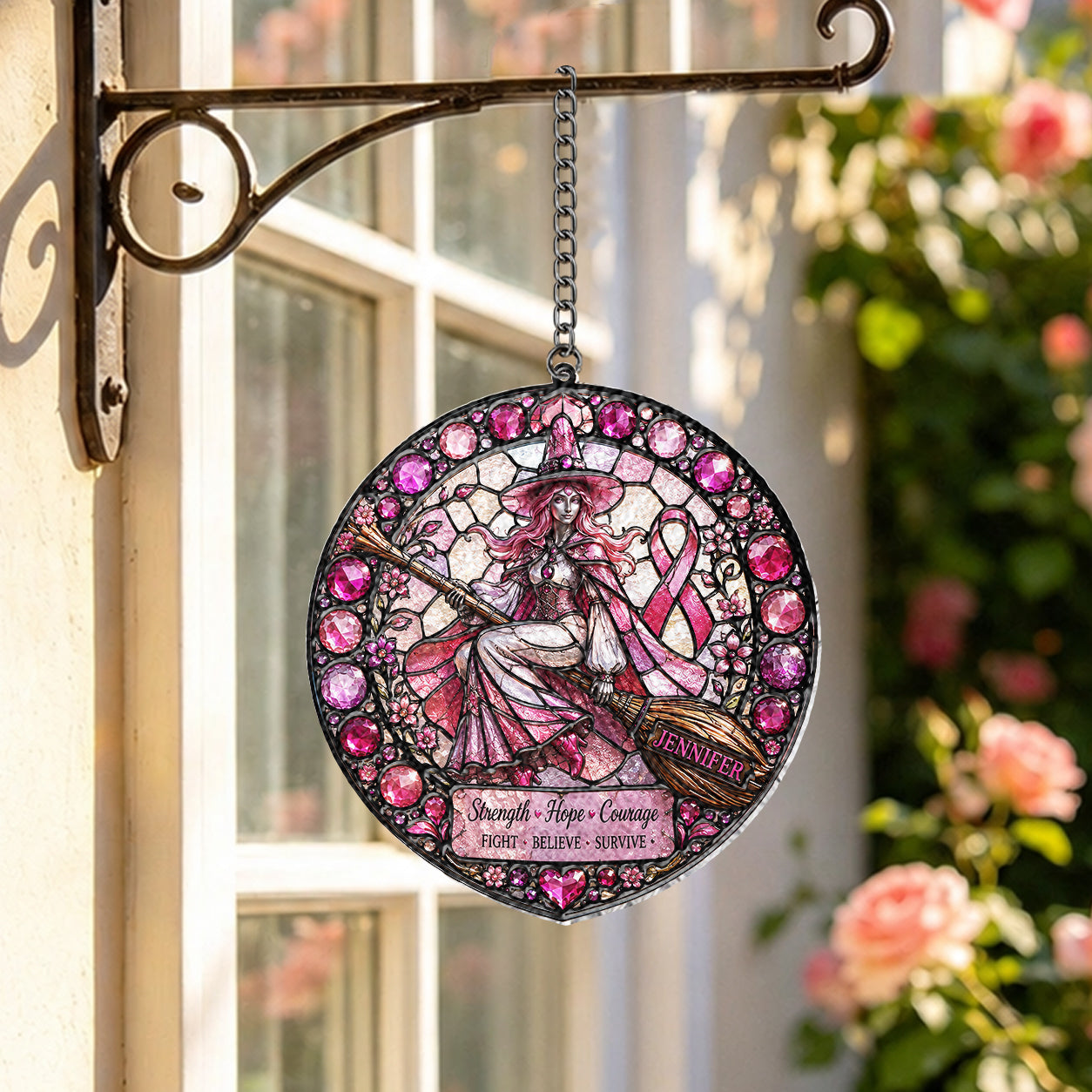 Strength Hope Love - Personalized Breast Cancer Awareness 3D Printed Glass Suncatcher