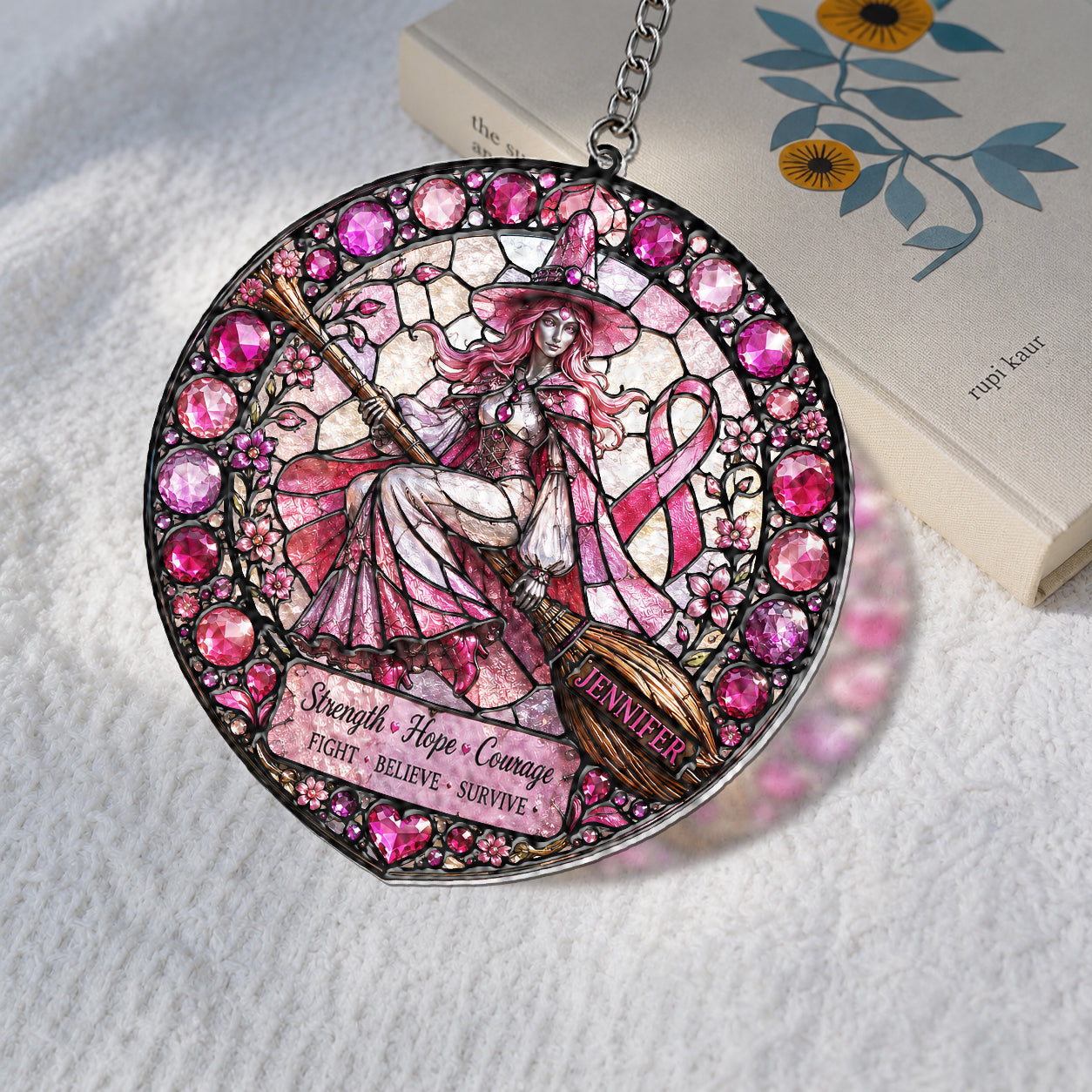 Strength Hope Love - Personalized Breast Cancer Awareness 3D Printed Glass Suncatcher