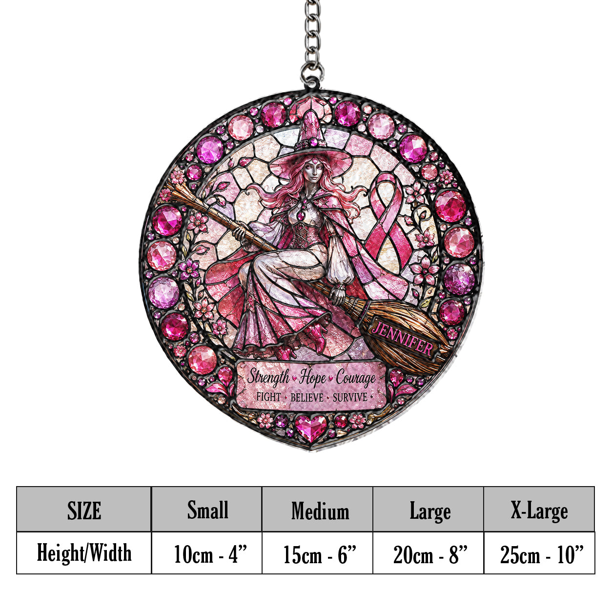 Strength Hope Love - Personalized Breast Cancer Awareness 3D Printed Glass Suncatcher