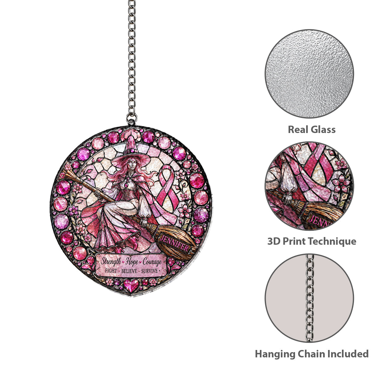 Strength Hope Love - Personalized Breast Cancer Awareness 3D Printed Glass Suncatcher