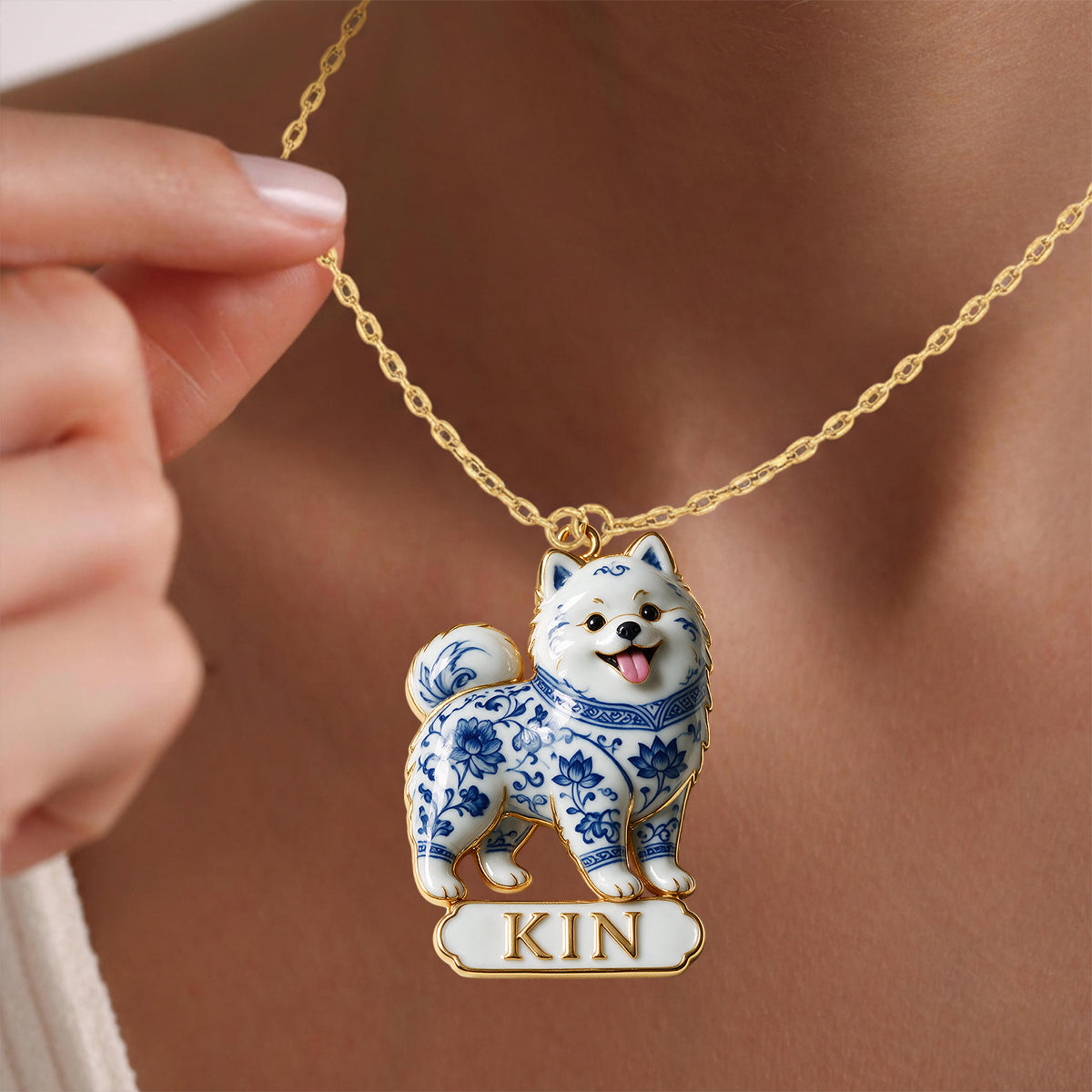Blue And White Porcelain Pet Jewelry Set - Personalized Dog Pendant Necklace & Stud Earrings