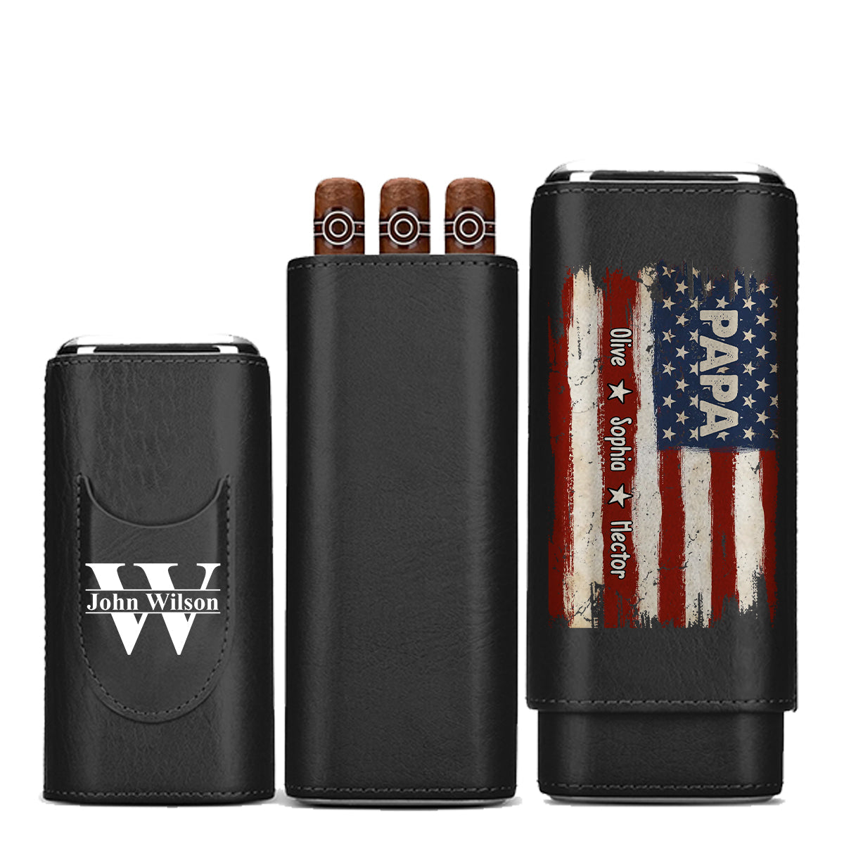 Gift For Dad Grandpa - Proud To Be American Papa - Personalized Father Leather Cigar Humidor Case