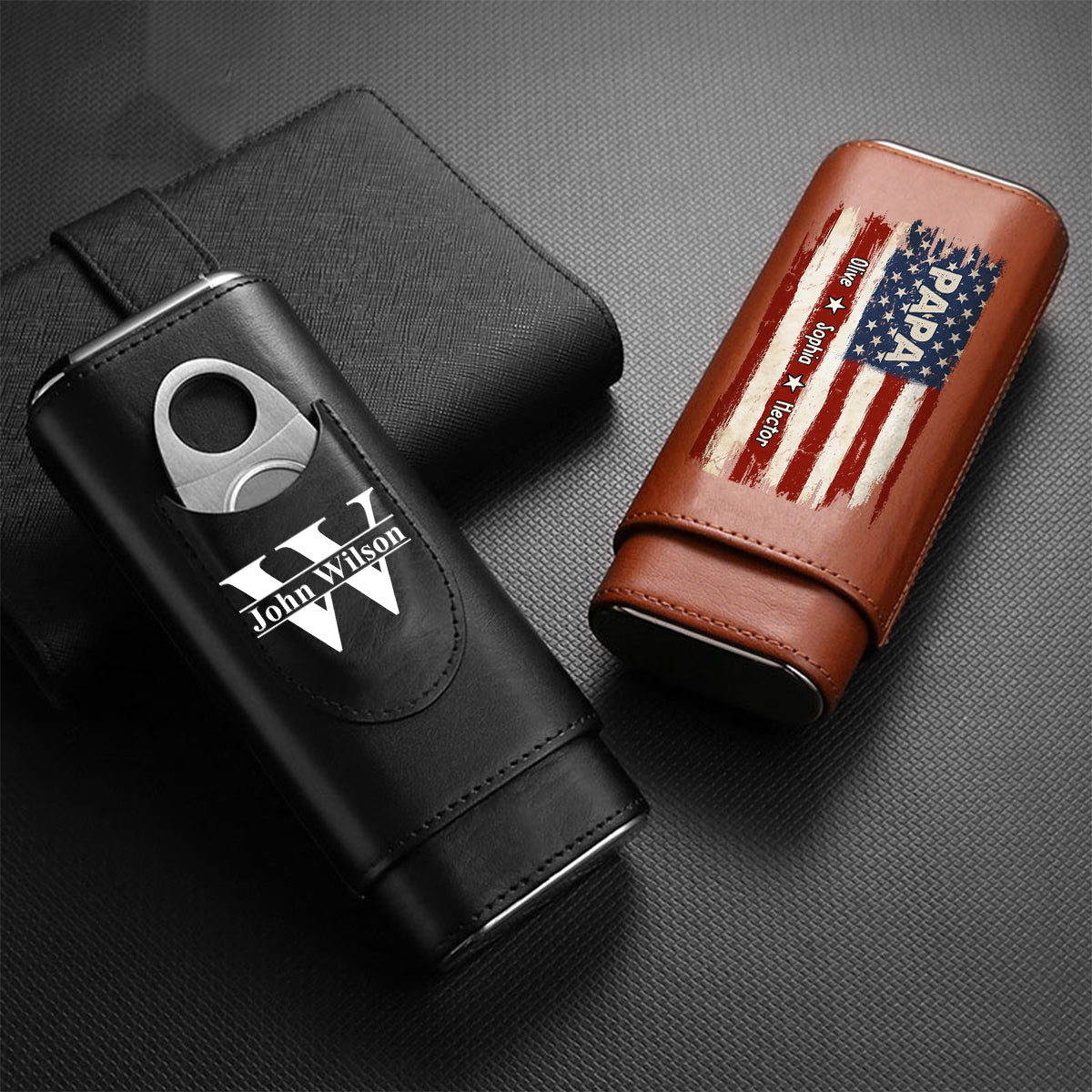 Gift For Dad Grandpa - Proud To Be American Papa - Personalized Father Leather Cigar Humidor Case