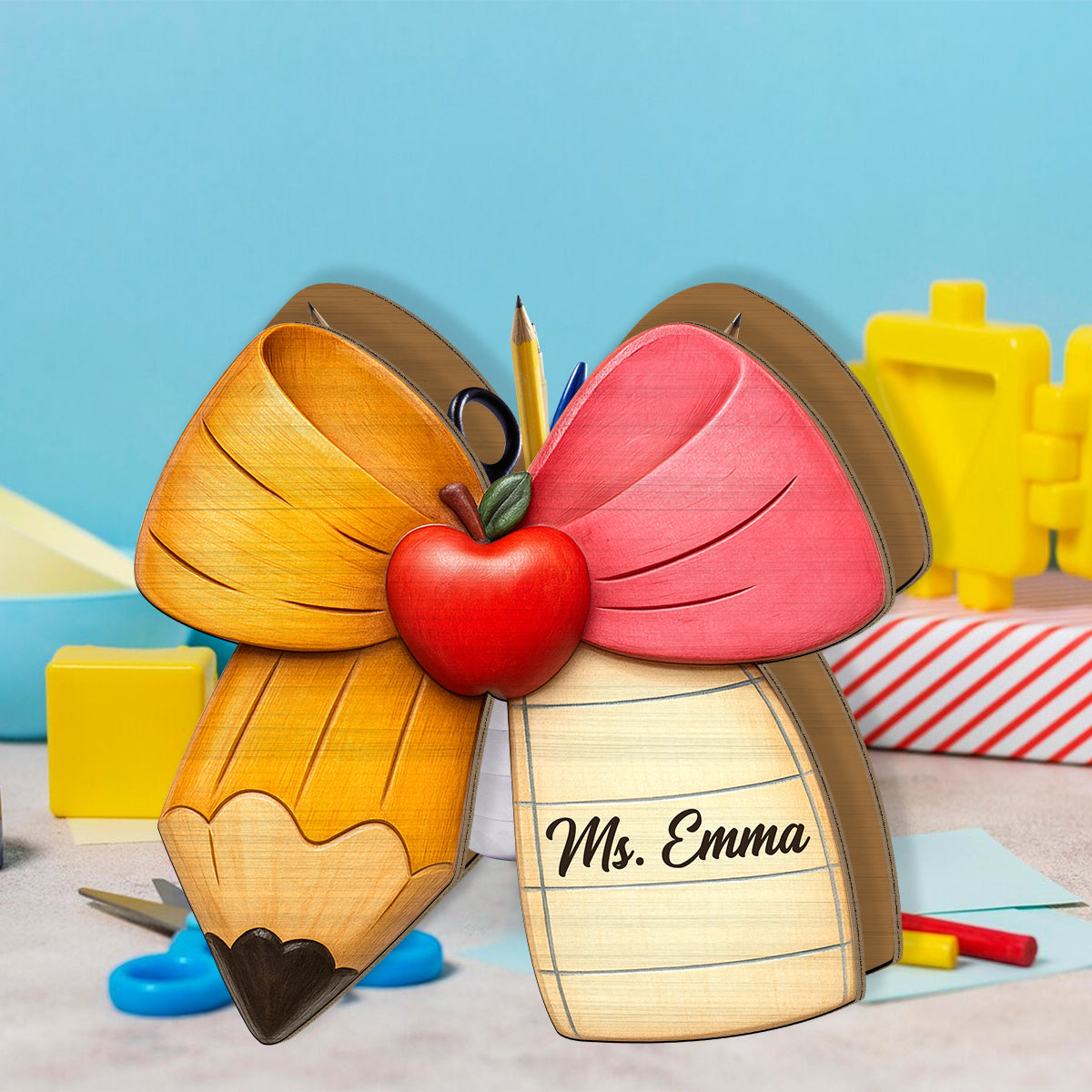 Porte-crayons en bois personnalisé pour enseignants - Nœud papillon pour crayons et papiers