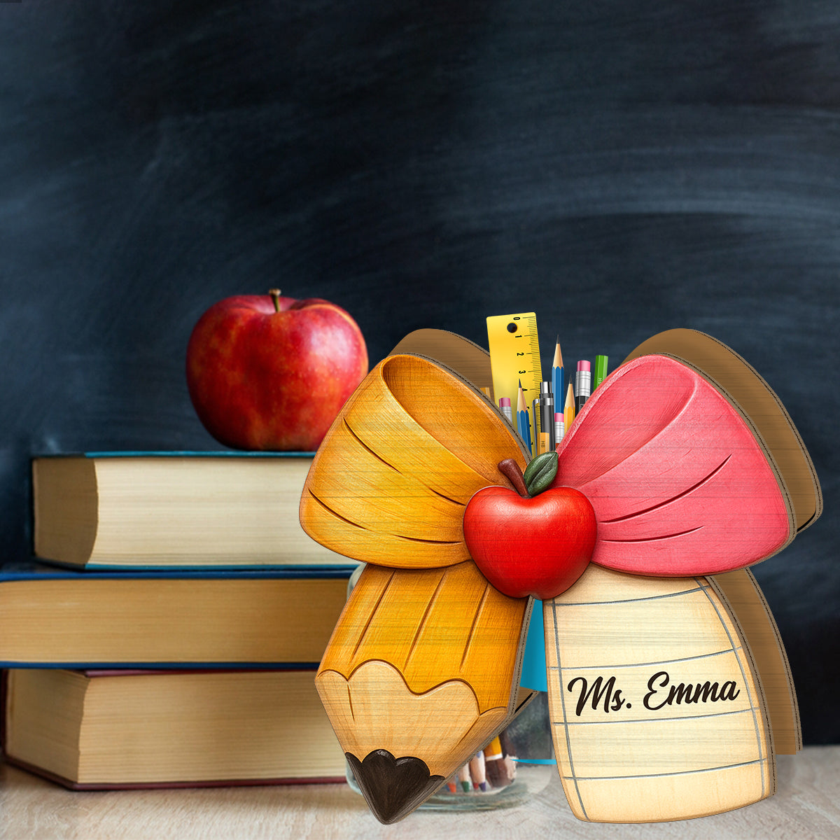 Porte-crayons en bois personnalisé pour enseignants - Nœud papillon pour crayons et papiers