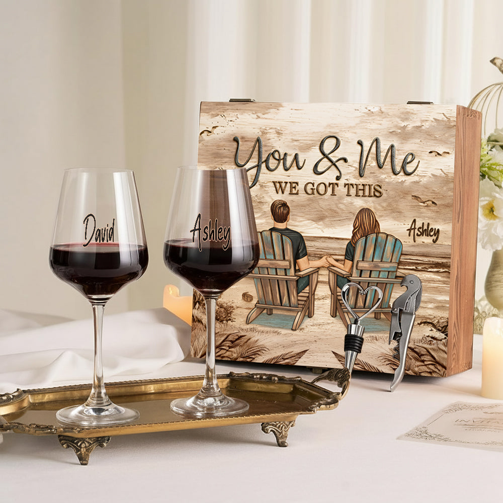 Toi et moi, on gère ! - Coffret de verres à vin personnalisés pour couple avec boîte en bois