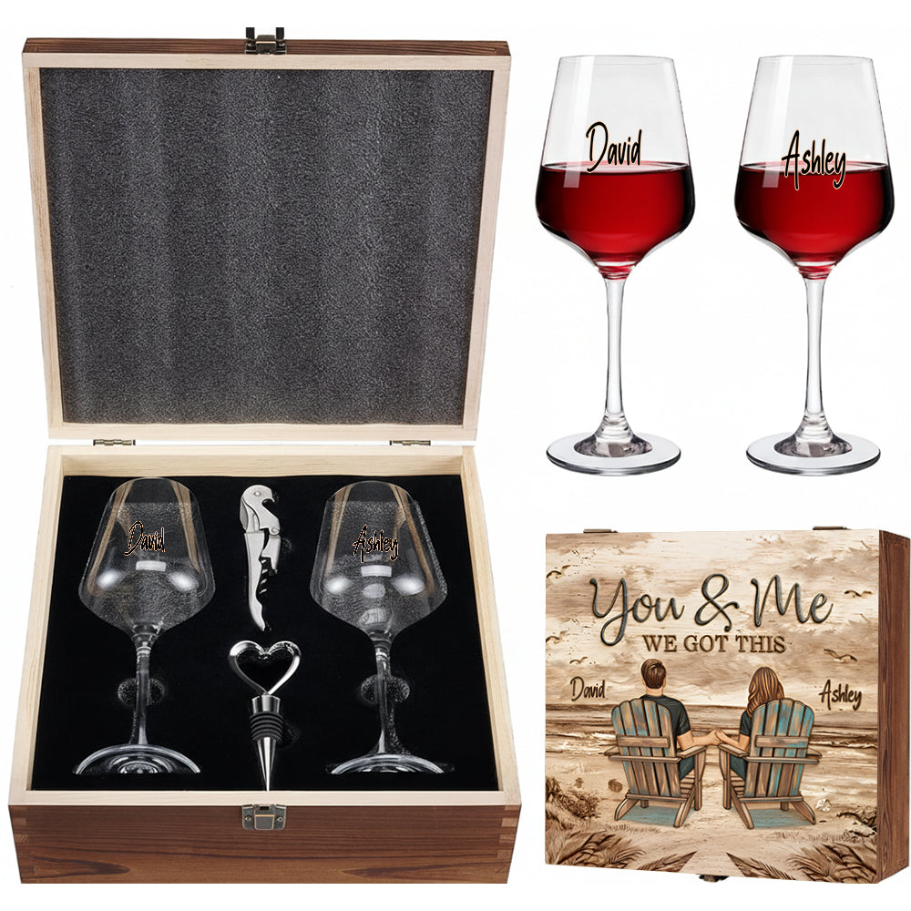 Toi et moi, on gère ! - Coffret de verres à vin personnalisés pour couple avec boîte en bois
