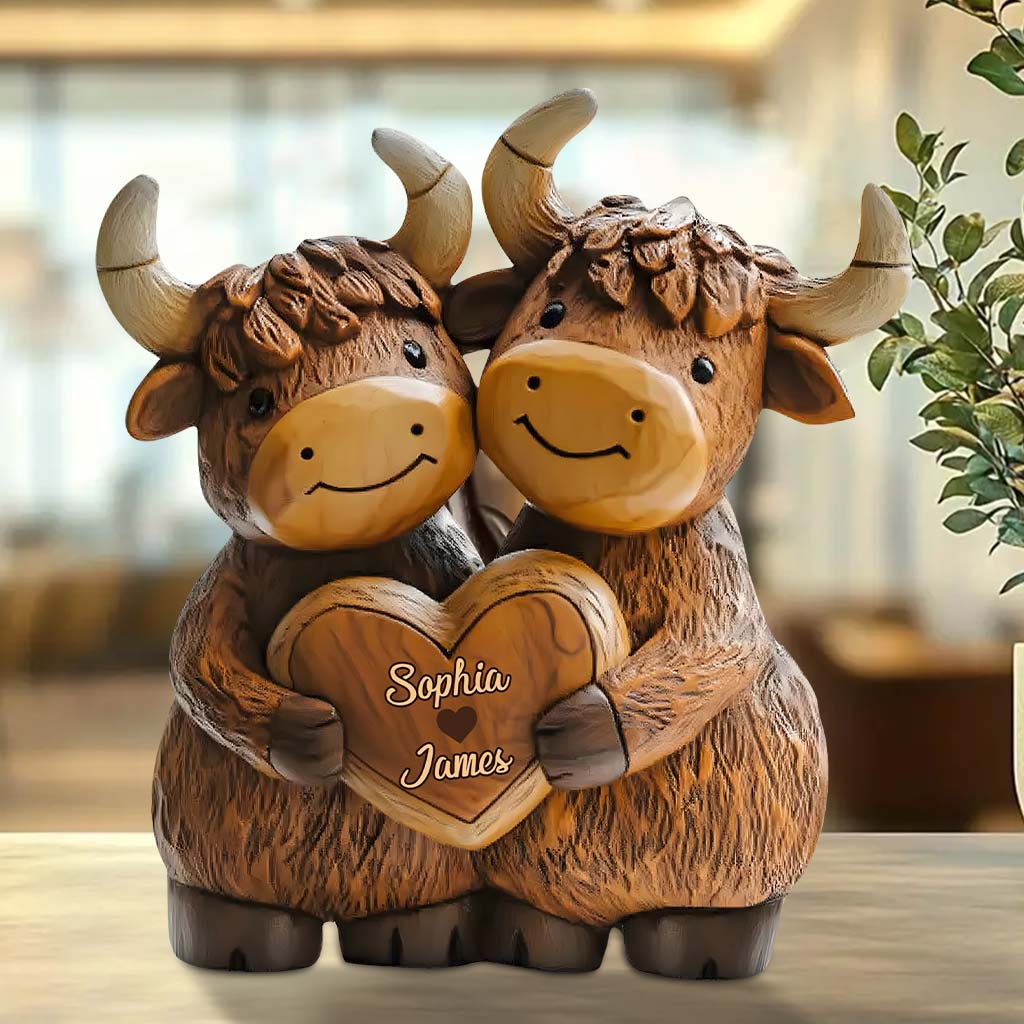 Couple de vaches Highland adorables - Plaque acrylique personnalisée en forme de vache Highland