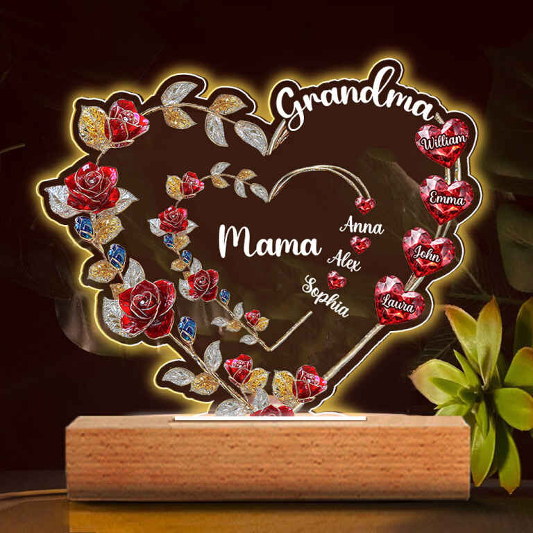 Cœur floral « Grand-mère Maman » - Plaque lumineuse personnalisée en forme de grand-mère