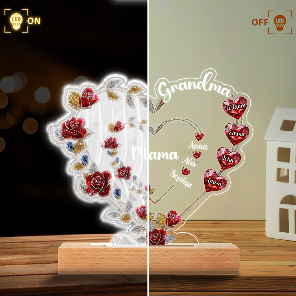 Cœur floral « Grand-mère Maman » - Plaque lumineuse personnalisée en forme de grand-mère