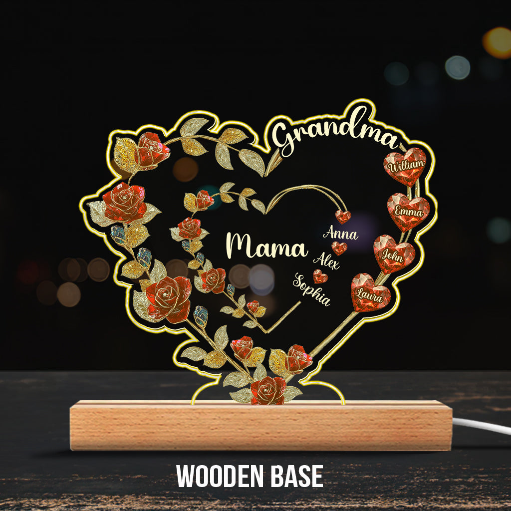 Cœur floral « Grand-mère Maman » - Plaque lumineuse personnalisée en forme de grand-mère