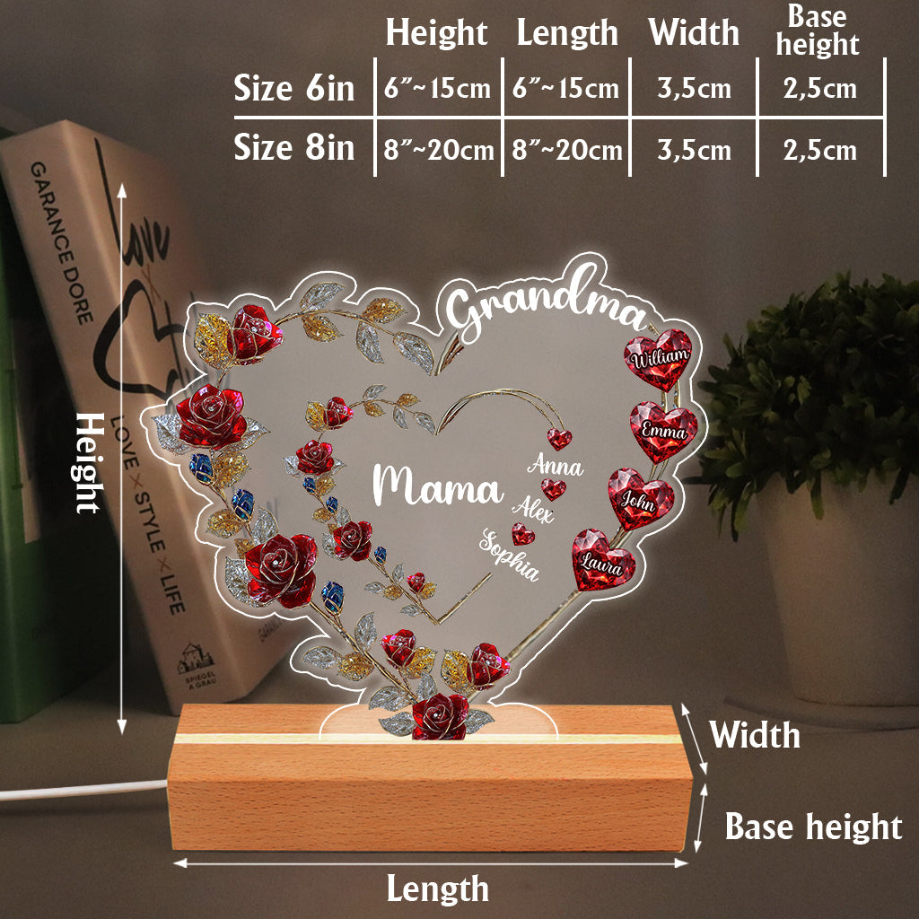 Cœur floral « Grand-mère Maman » - Plaque lumineuse personnalisée en forme de grand-mère