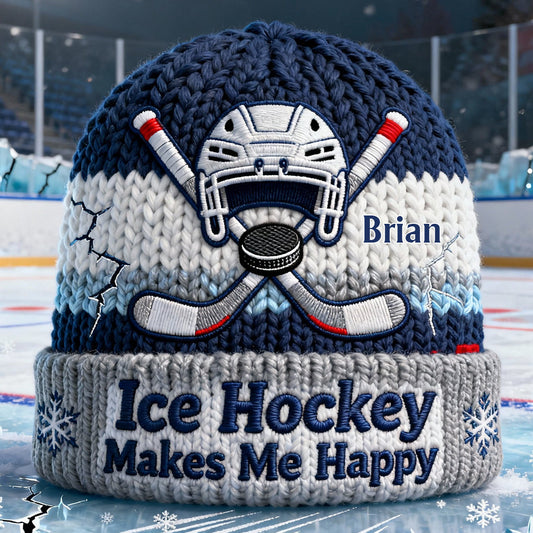 Ice Hockey Makes Me Happy - Personalized Hockey Beanie Hat