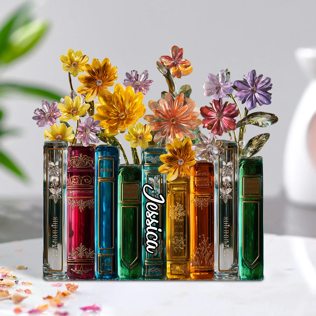 Livres et fleurs - Plaque acrylique personnalisée en forme de livre