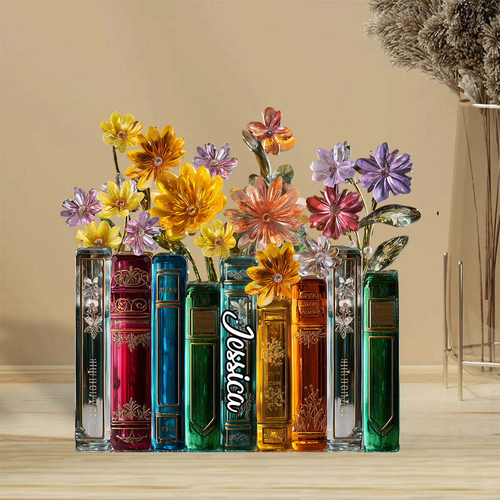 Livres et fleurs - Plaque acrylique personnalisée en forme de livre