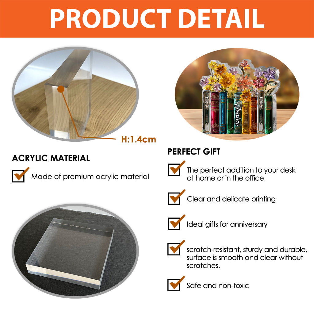 Livres et fleurs - Plaque acrylique personnalisée en forme de livre