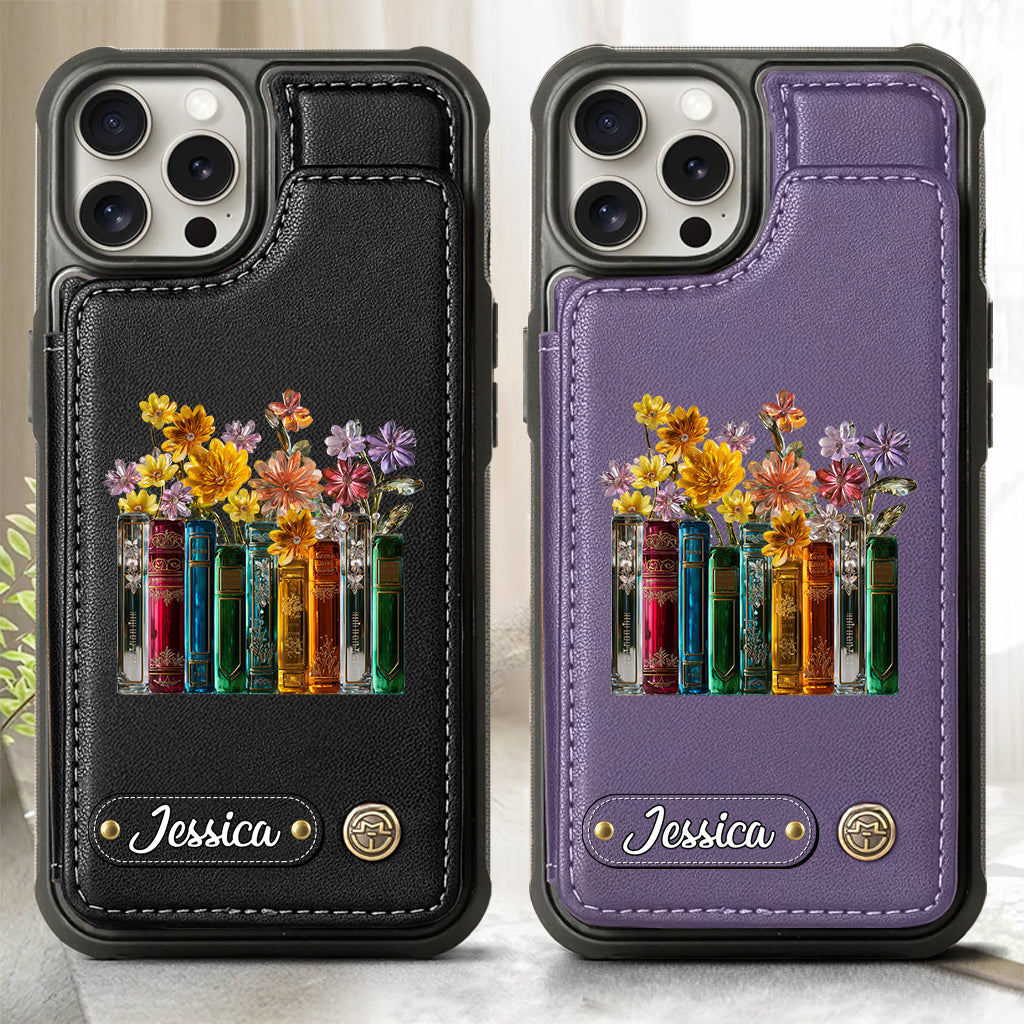 Étui portefeuille personnalisé « Livres et fleurs »