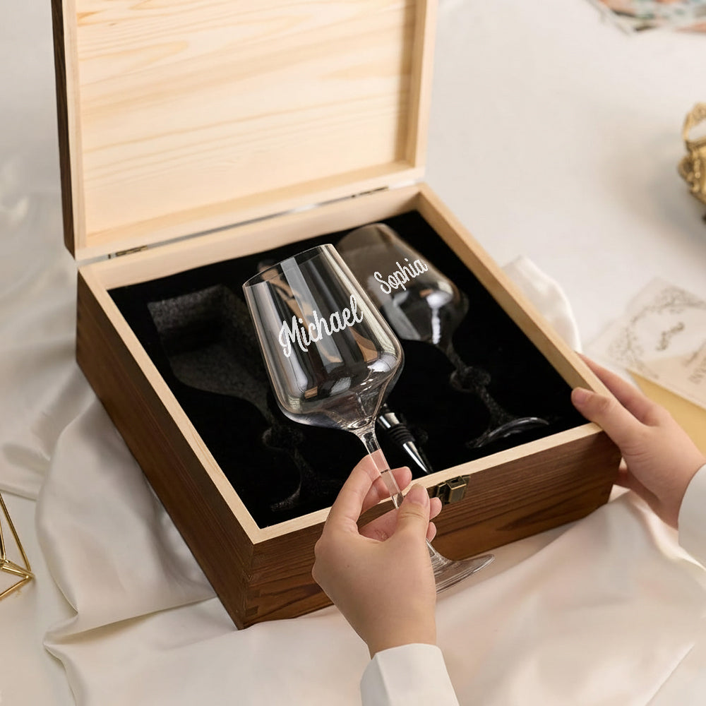 Happily Ever After - Personalized Couple Wine Glasses Set With Wooden Box