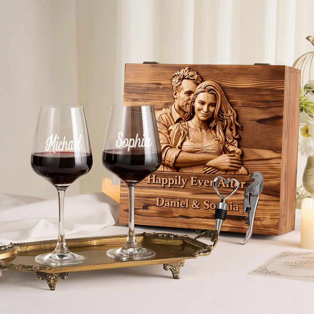 Happily Ever After - Personalized Couple Wine Glasses Set With Wooden Box