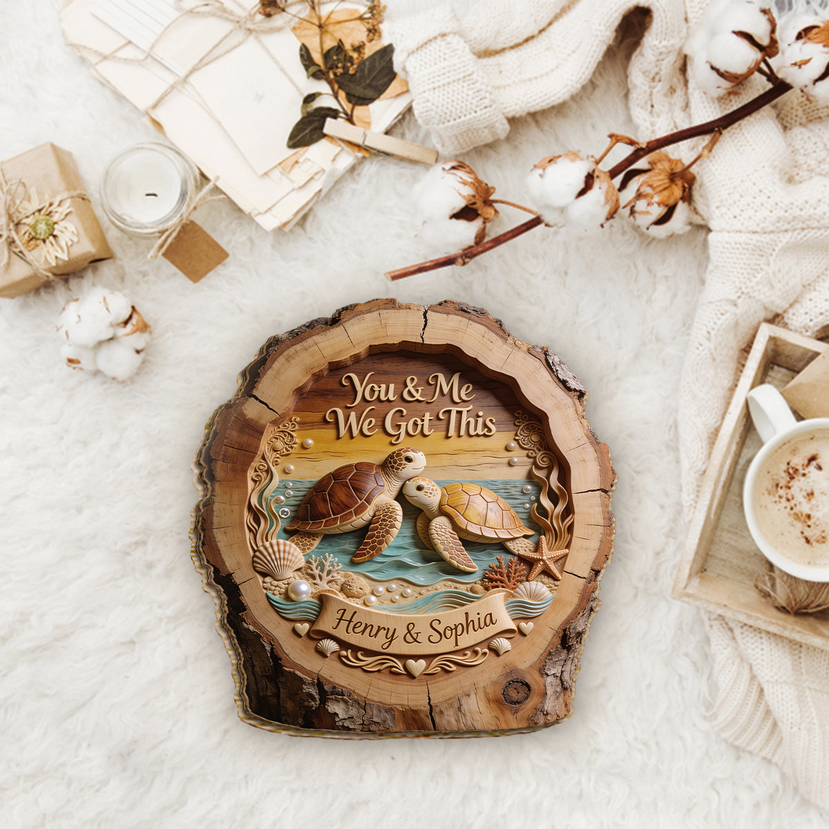 Vous & Moi, Nous avons ça - Plaque en bois personnalisée en forme de tortue à 2 couches