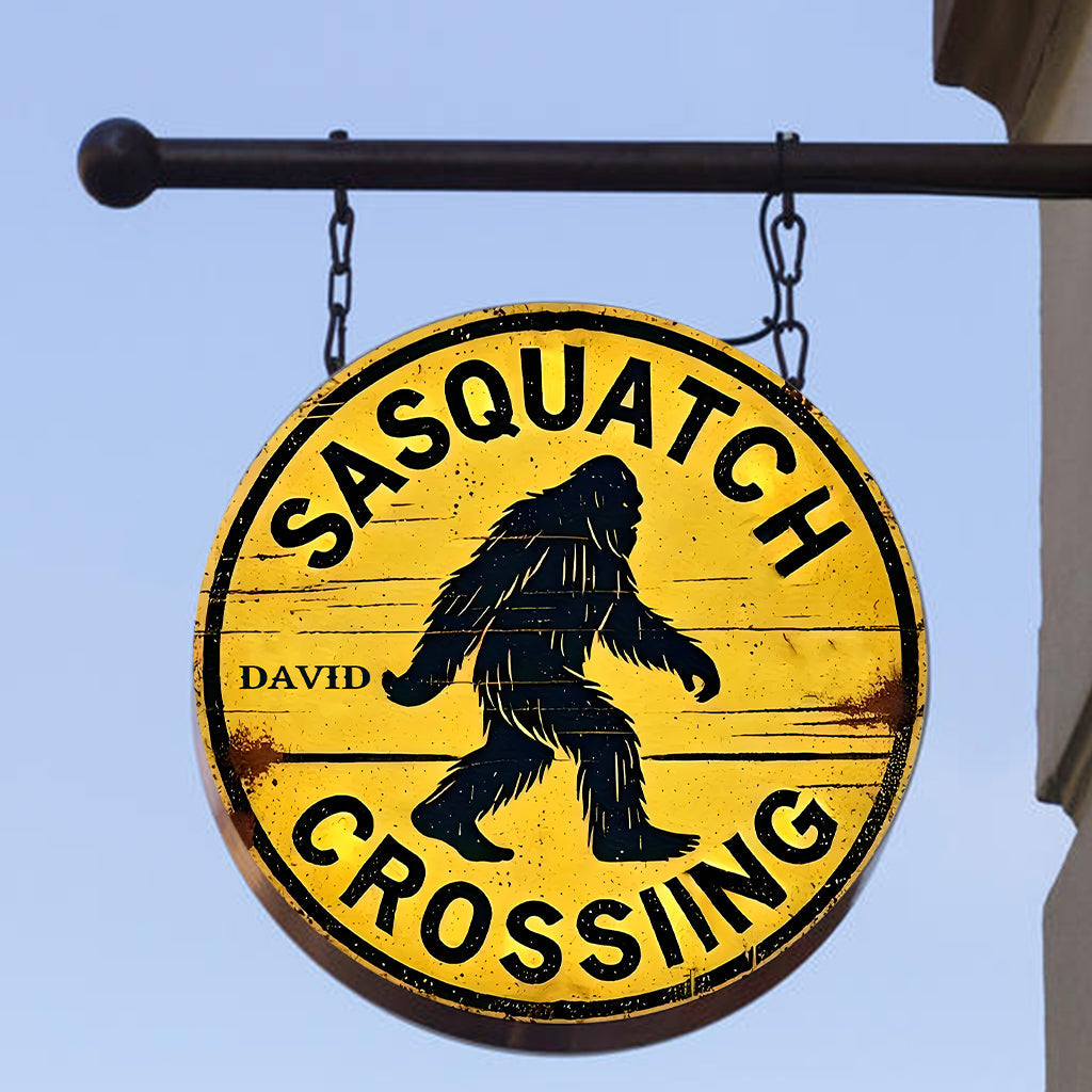 Warning Sasquatch Crossing Sign - Personalized Hiking Round Metal Sign