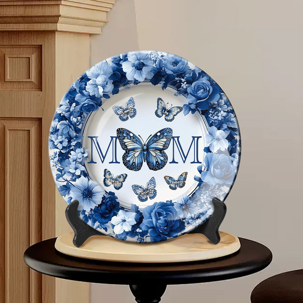 Classic Blue & White Butterfly Mother's Day Gift - Personalized Mother Ceramic Round Plate