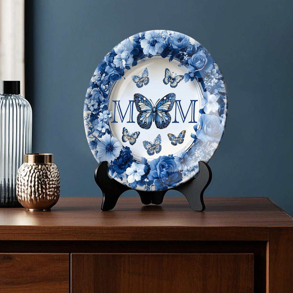 Classic Blue & White Butterfly Mother's Day Gift - Personalized Mother Ceramic Round Plate