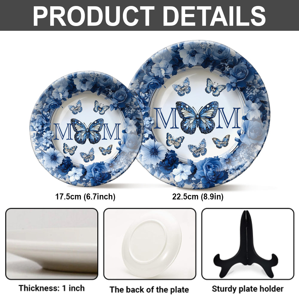 Classic Blue & White Butterfly Mother's Day Gift - Personalized Mother Ceramic Round Plate