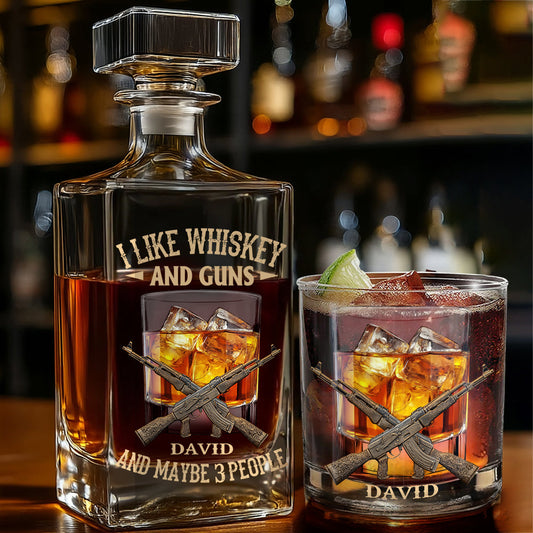 J'aime le whisky, les armes et peut-être 3 personnes - Coffret carafe à whisky personnalisée