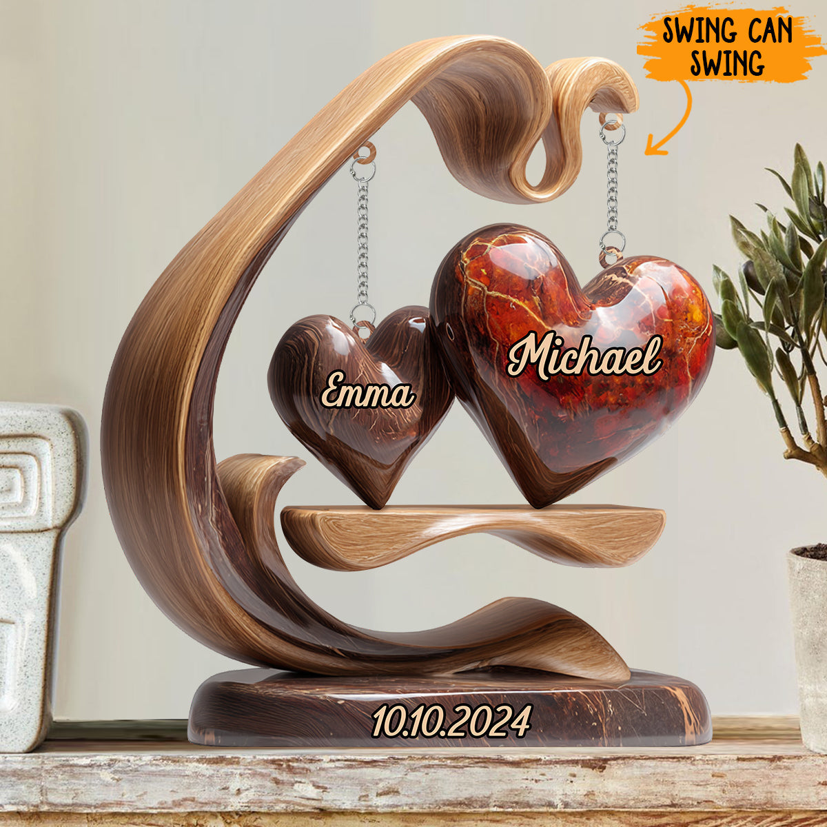 Balançoire Cœurs Amoureux - Plaque personnalisée pour couple avec breloque