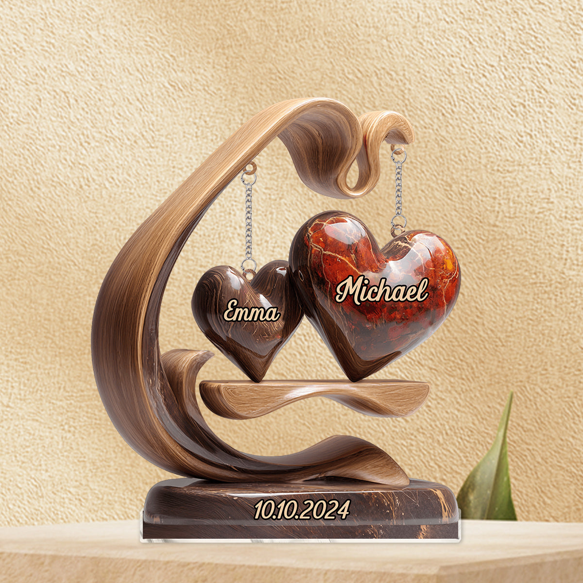 Balançoire Cœurs Amoureux - Plaque personnalisée pour couple avec breloque