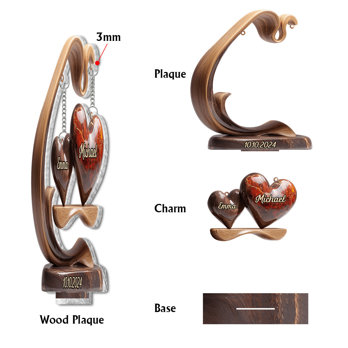 Balançoire Cœurs Amoureux - Plaque personnalisée pour couple avec breloque