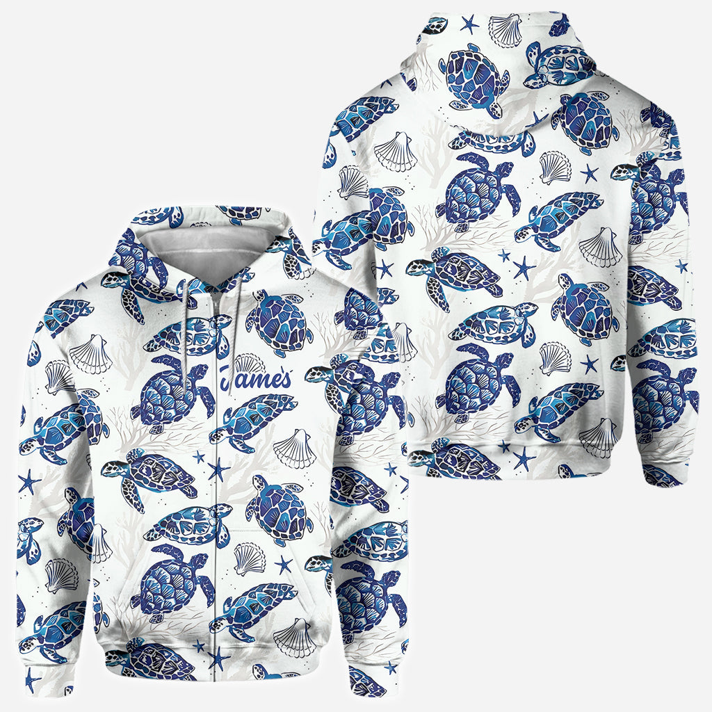 Motif Toile de Jouy, dauphin bleu, tortue… - T-shirt personnalisé pour amoureux de la mer