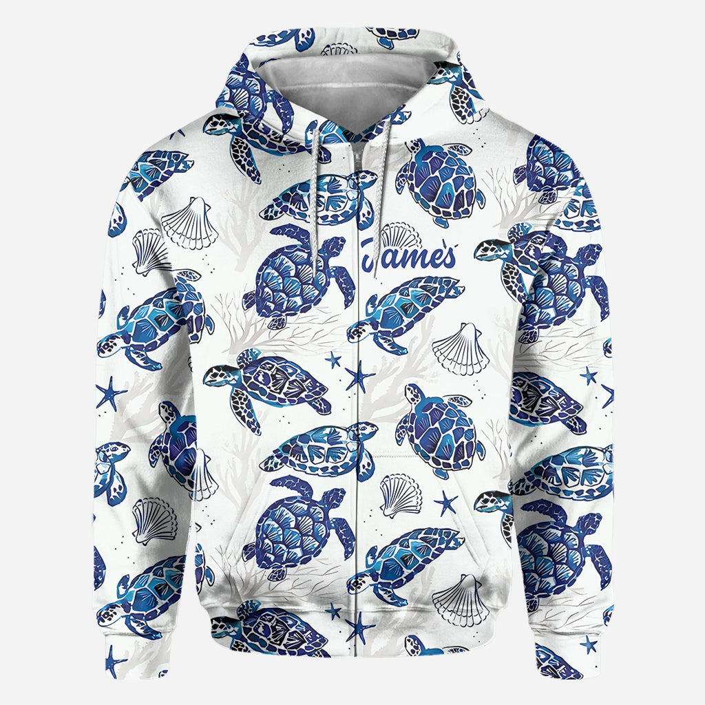 Motif Toile de Jouy, dauphin bleu, tortue… - T-shirt personnalisé pour amoureux de la mer