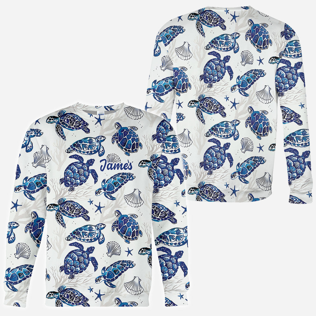 Motif Toile de Jouy, dauphin bleu, tortue… - T-shirt personnalisé pour amoureux de la mer