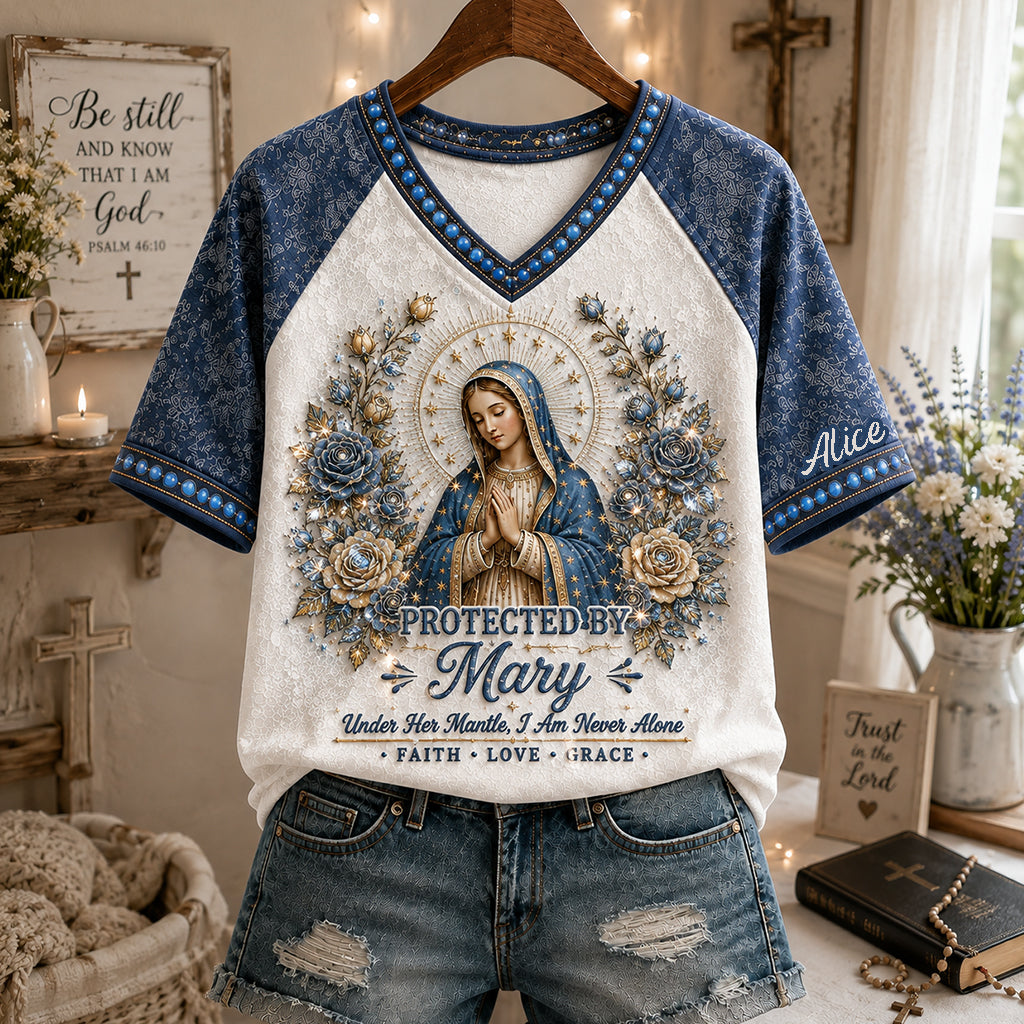 Protected By Mary - Personalized Christian Fully Printed V-Neck T-Shirt