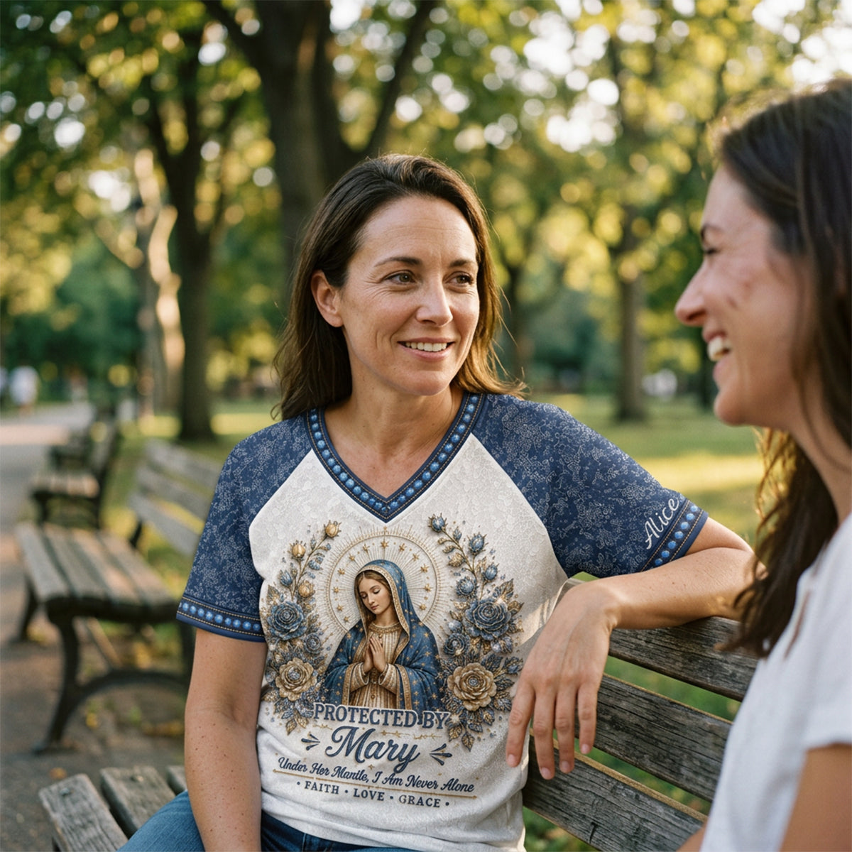 Protected By Mary - Personalized Christian Fully Printed V-Neck T-Shirt