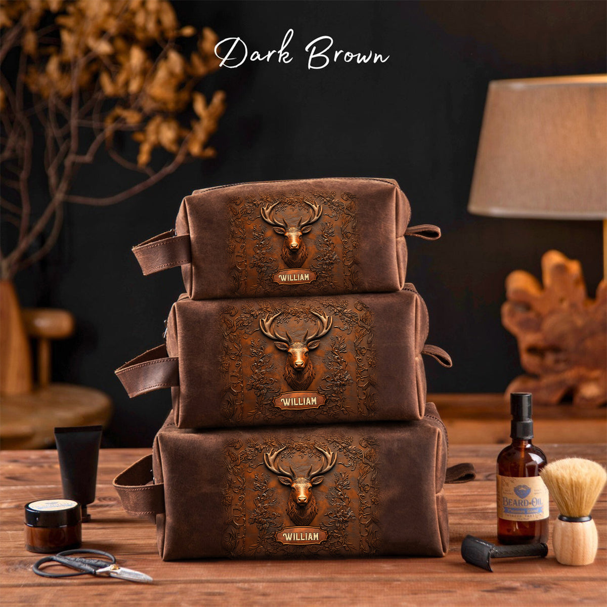 Cadeau de chasse pour mari, grand-père, papa - Trousse de toilette en cuir personnalisée sur le thème de la chasse