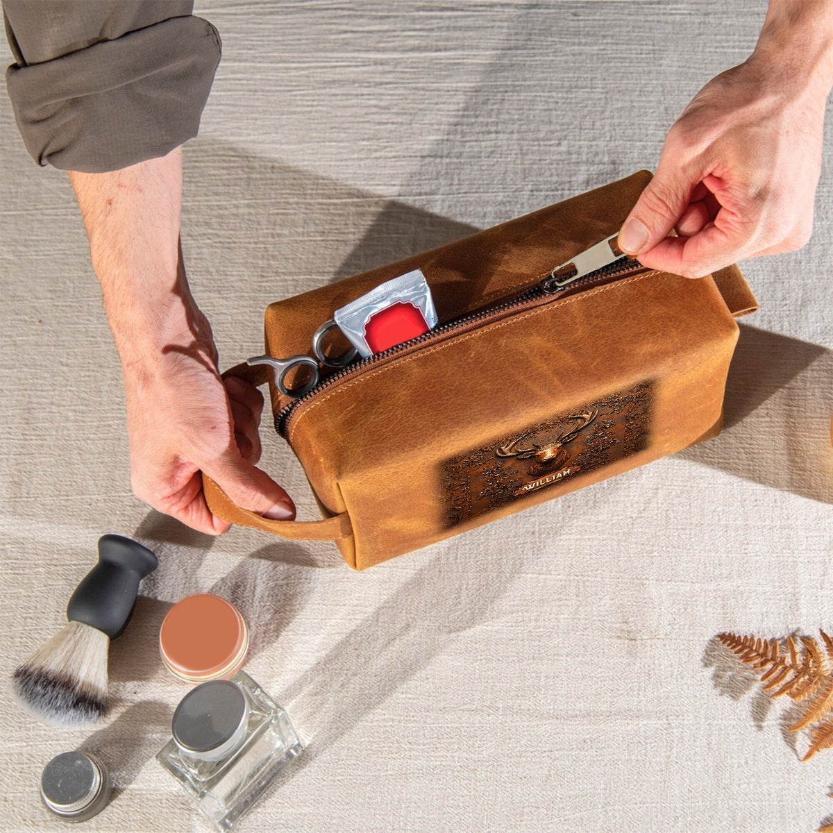 Cadeau de chasse pour mari, grand-père, papa - Trousse de toilette en cuir personnalisée sur le thème de la chasse