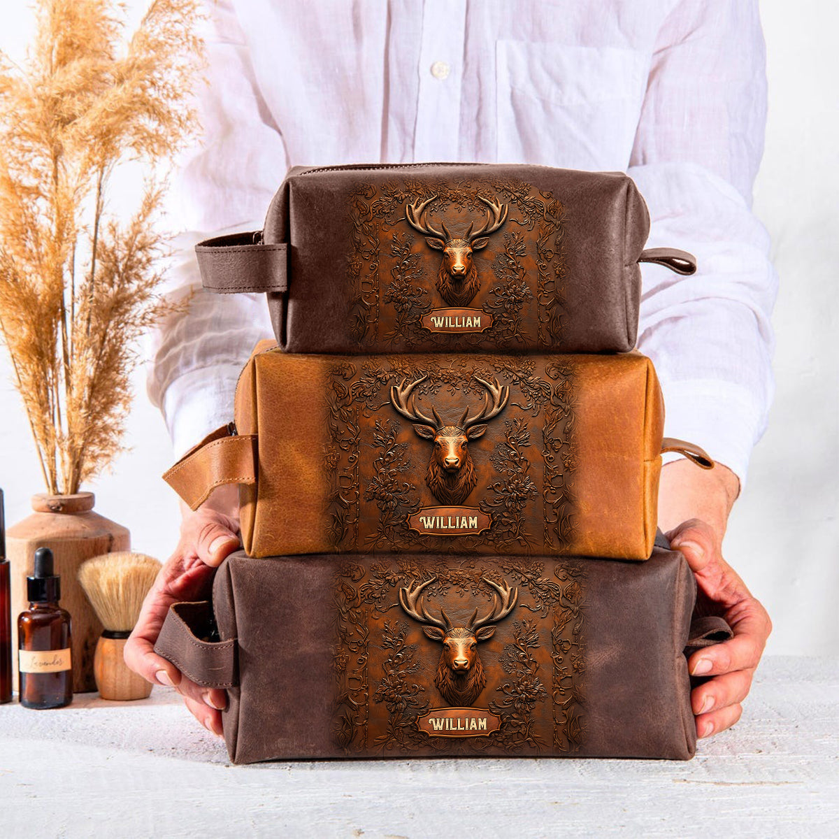 Cadeau de chasse pour mari, grand-père, papa - Trousse de toilette en cuir personnalisée sur le thème de la chasse
